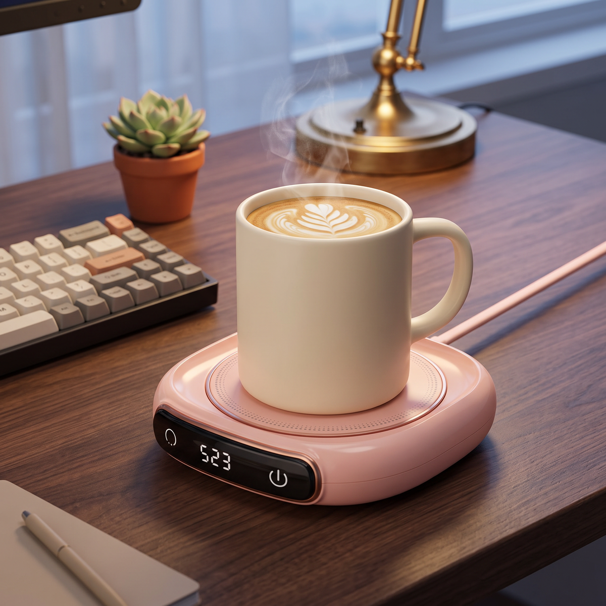 USB coffee mug warmer pad keeping a latte warm on a home office desk
