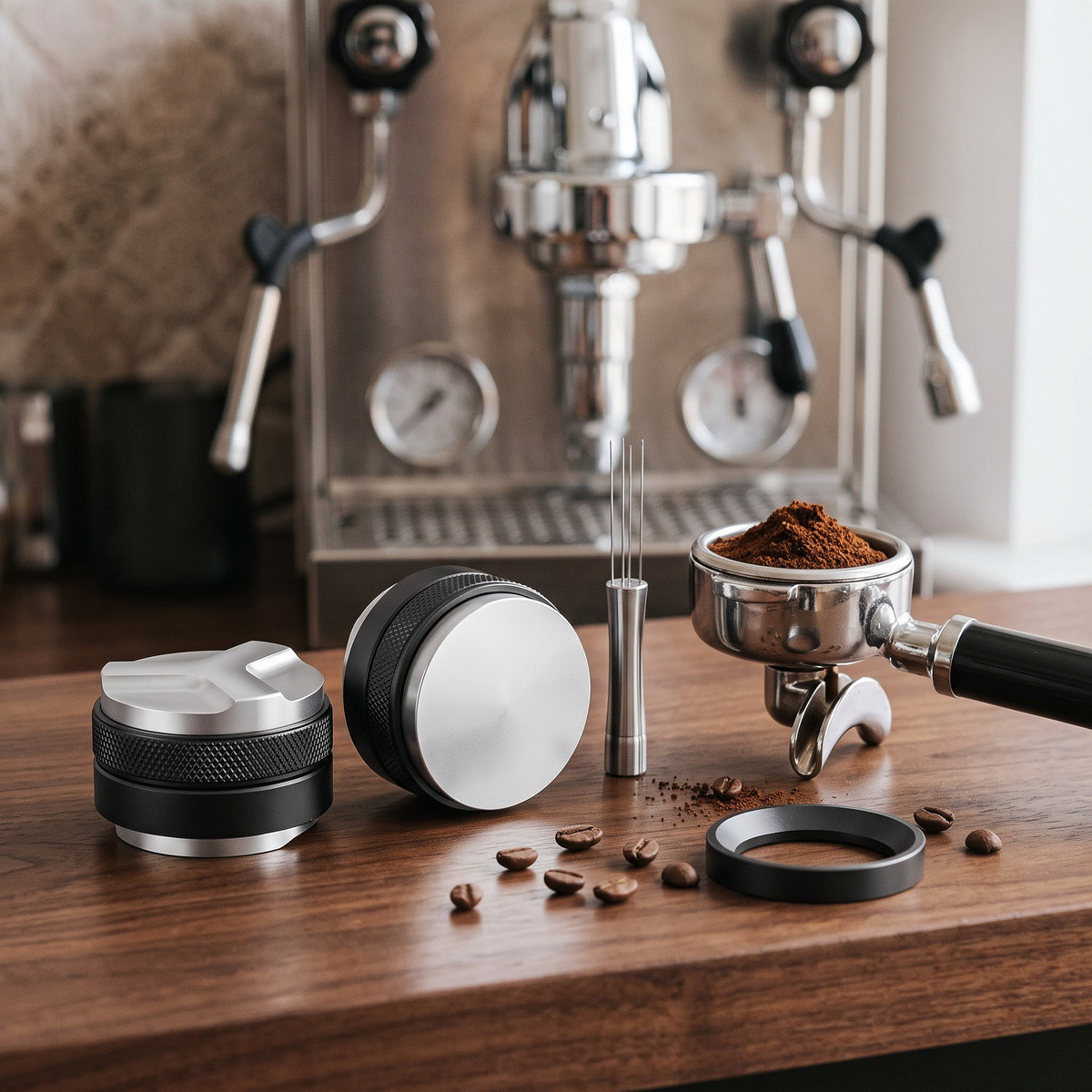 Espresso puck prep kit with tamper, WDT tool and dosing ring on a walnut espresso bar