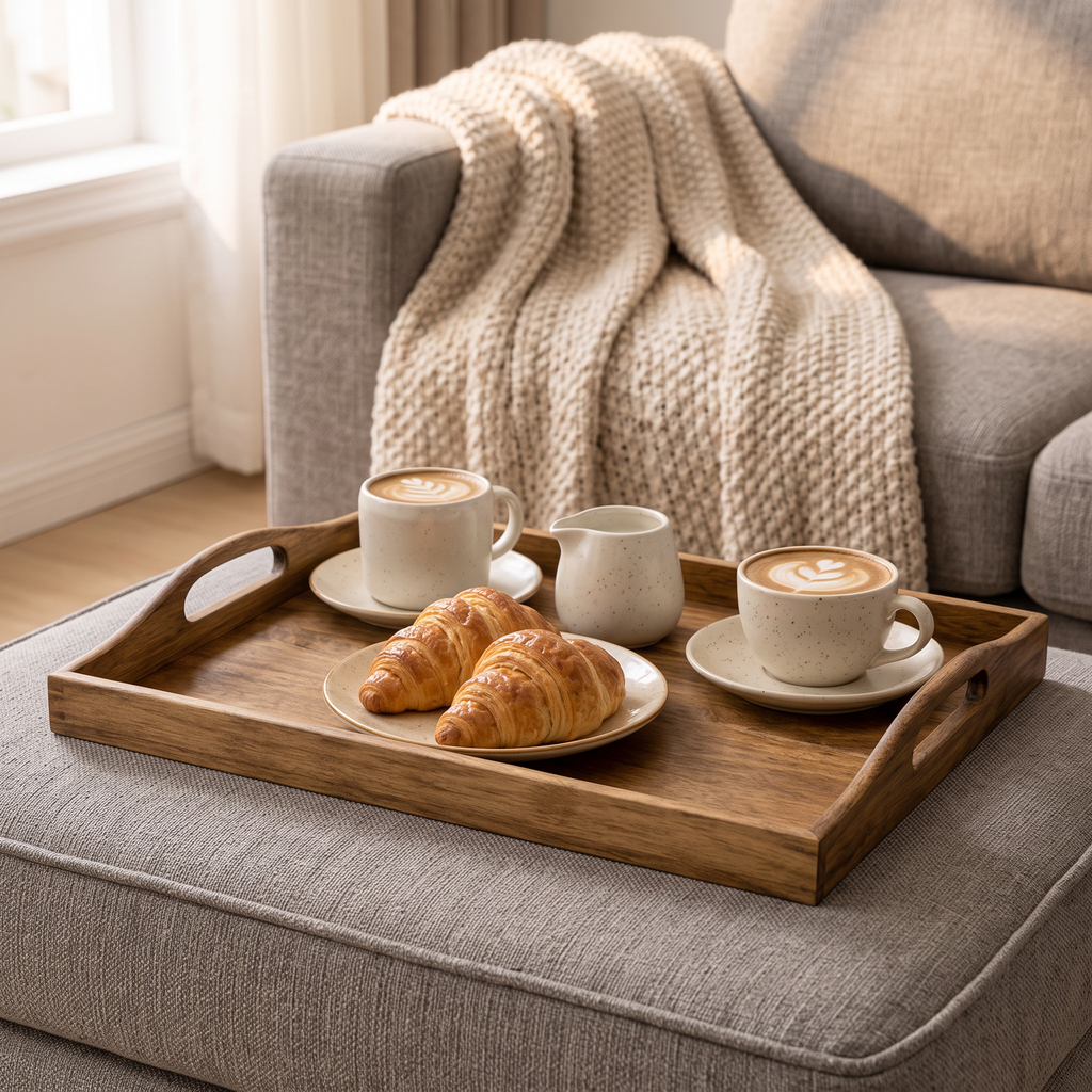 Acacia wood coffee serving tray with cappuccinos and croissants in a cozy living room