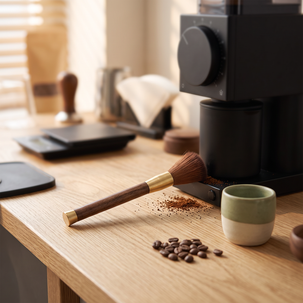Wooden long-handle coffee grinder brush on an oak coffee bar by a burr grinder