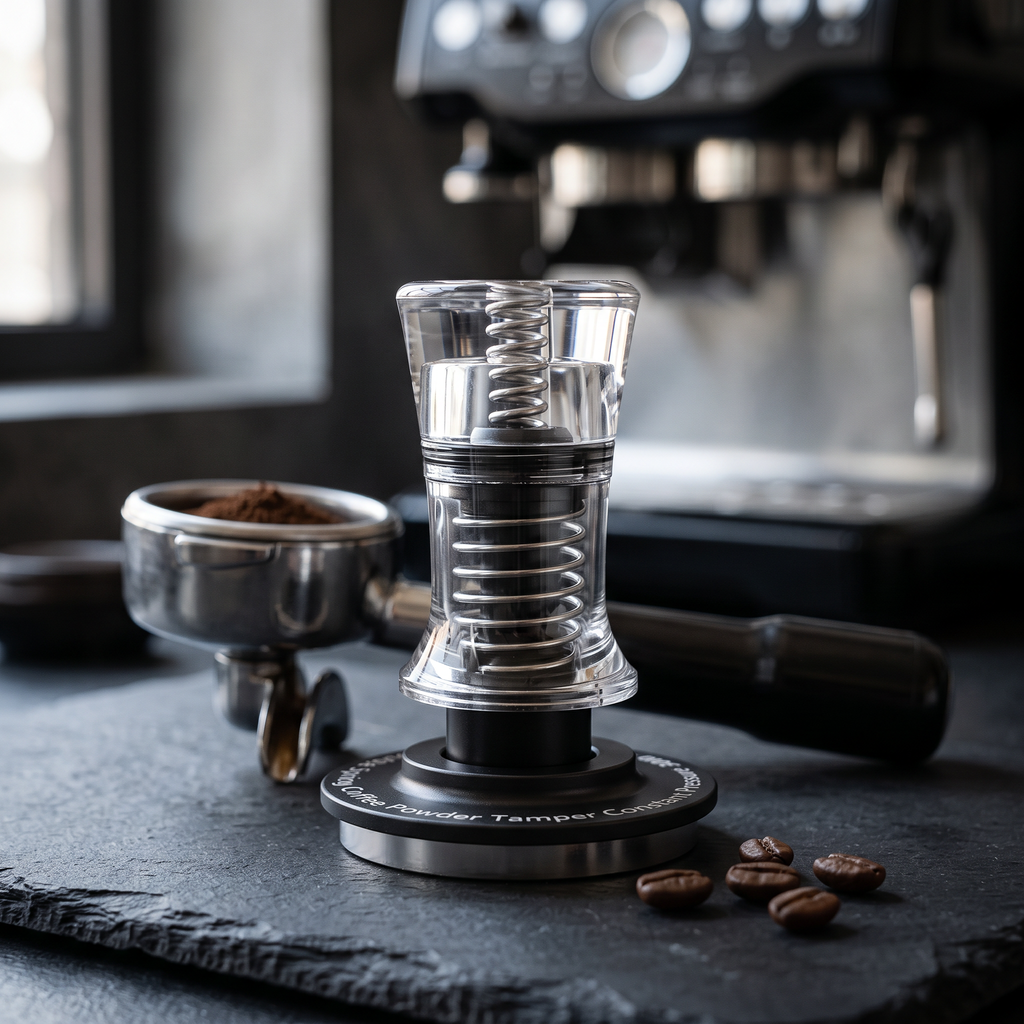 Clear acrylic constant pressure espresso tamper on a slate espresso bar with portafilter