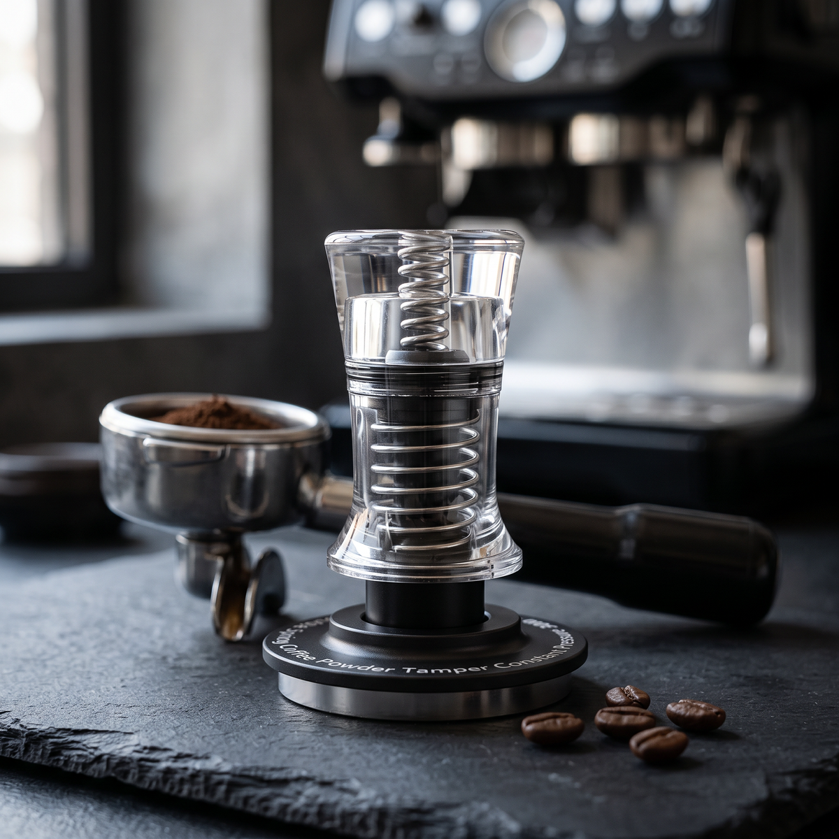 Clear acrylic constant pressure espresso tamper on a slate espresso bar with portafilter