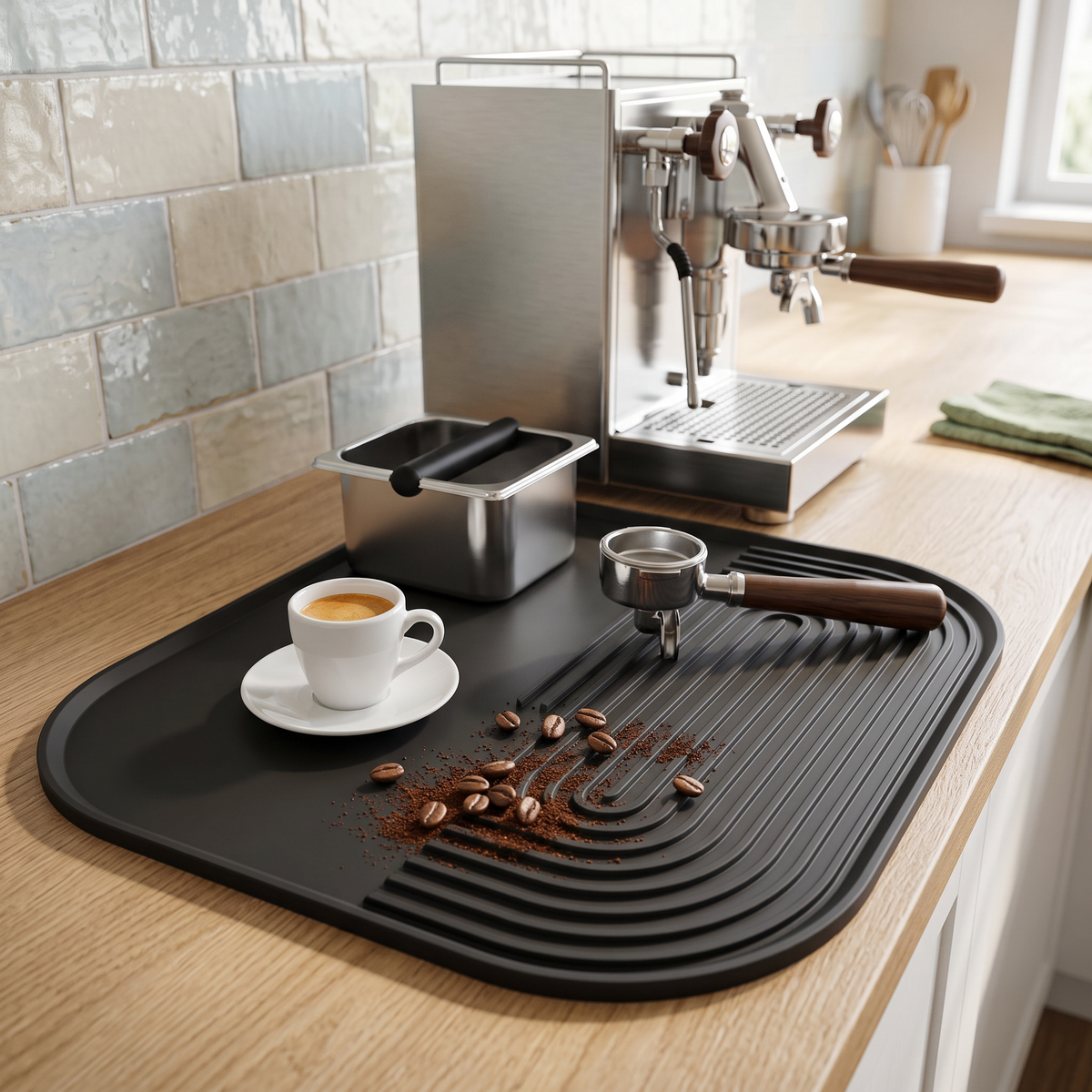 Black silicone coffee machine mat under an espresso machine and portafilter on an oak counter