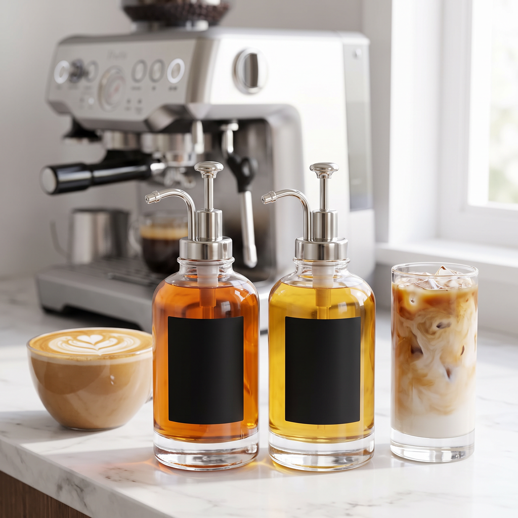 Two glass coffee syrup pump bottles with lattes on a marble home coffee bar