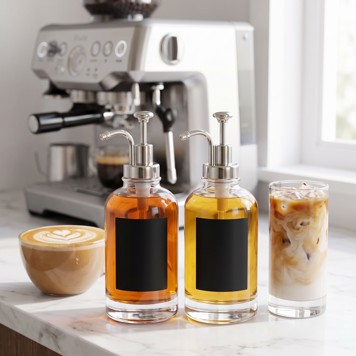 Two glass coffee syrup pump bottles with lattes on a marble home coffee bar