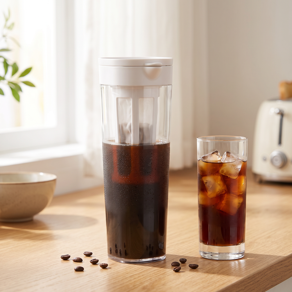 1.1L cold brew coffee maker pitcher with filter beside a glass of iced coffee on a sunny kitchen counter