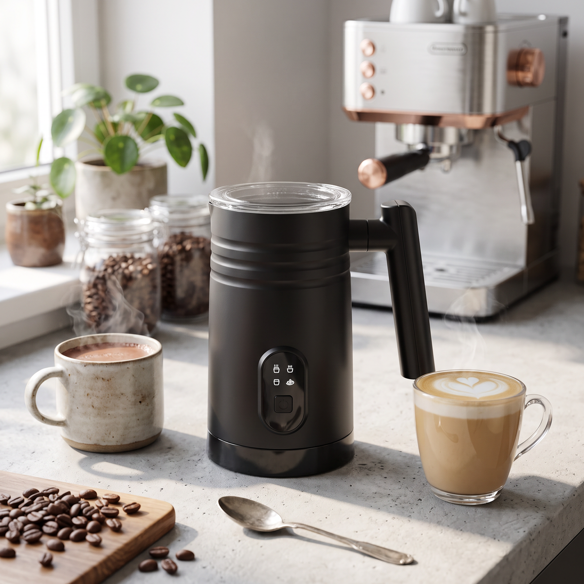 Automatic milk frother and heater in a bright home coffee corner with flat white and cocoa