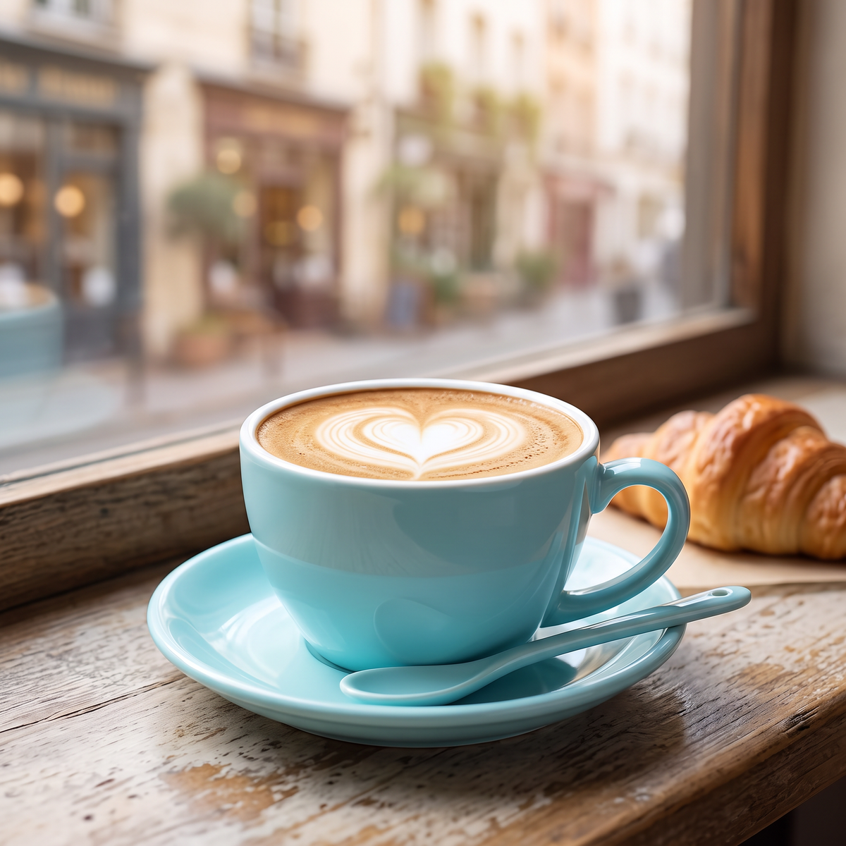 Porcelain cappuccino cup and saucer with spoon holding latte art on a cafe window table