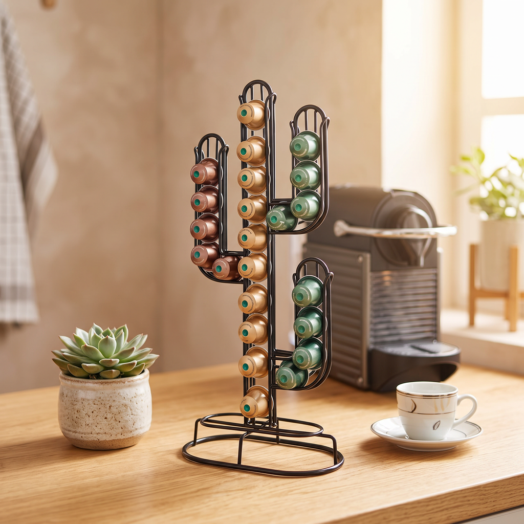 Black wire cactus coffee capsule rack filled with pods on a sunny coffee station
