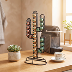 Black wire cactus coffee capsule rack filled with pods on a sunny coffee station