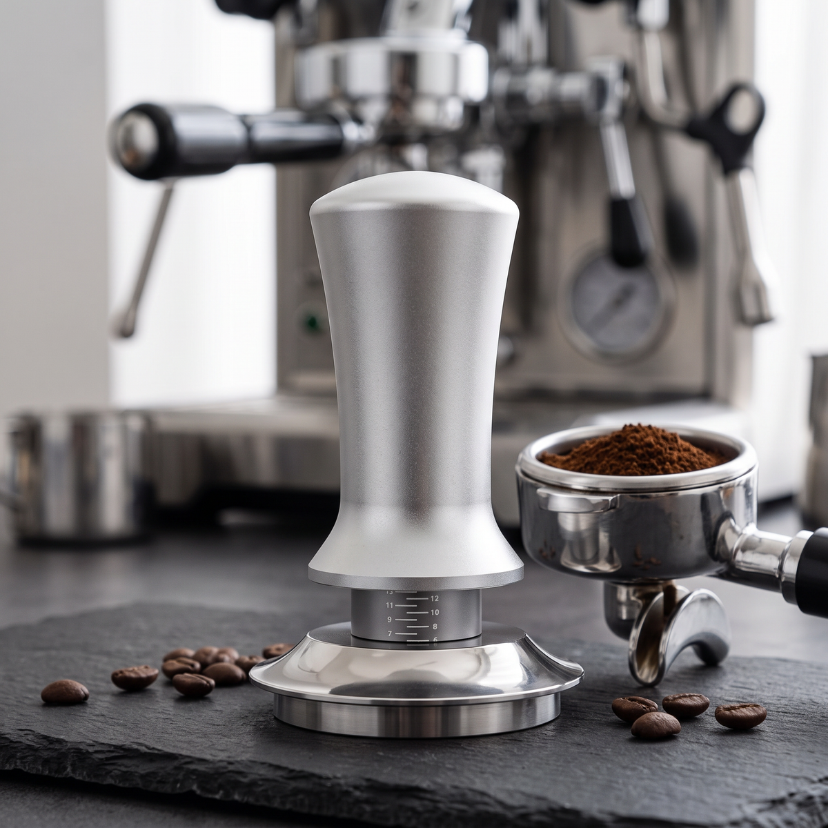 Calibrated espresso tamper with depth scale beside a dosed portafilter on a slate espresso bar