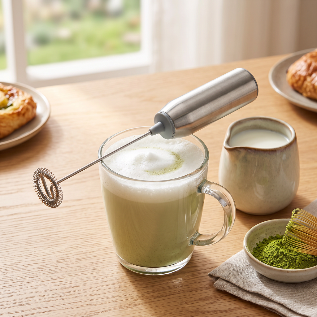 Stainless steel handheld milk frother wand on a glass mug of frothy milk on oak table