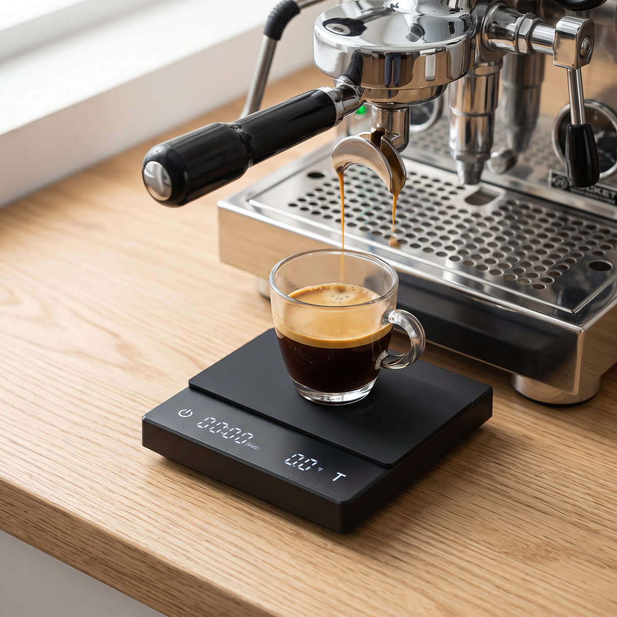 Compact espresso scale with shot timer on an espresso machine drip tray under a glass cup