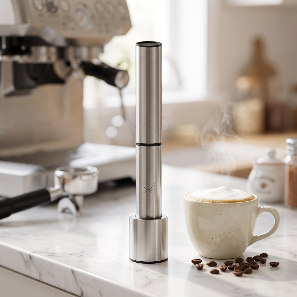 USB rechargeable milk frother wand in stand on marble counter next to a foamy latte