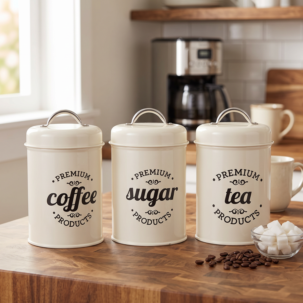 3-piece metal coffee, tea and sugar canister set on a butcher block kitchen counter