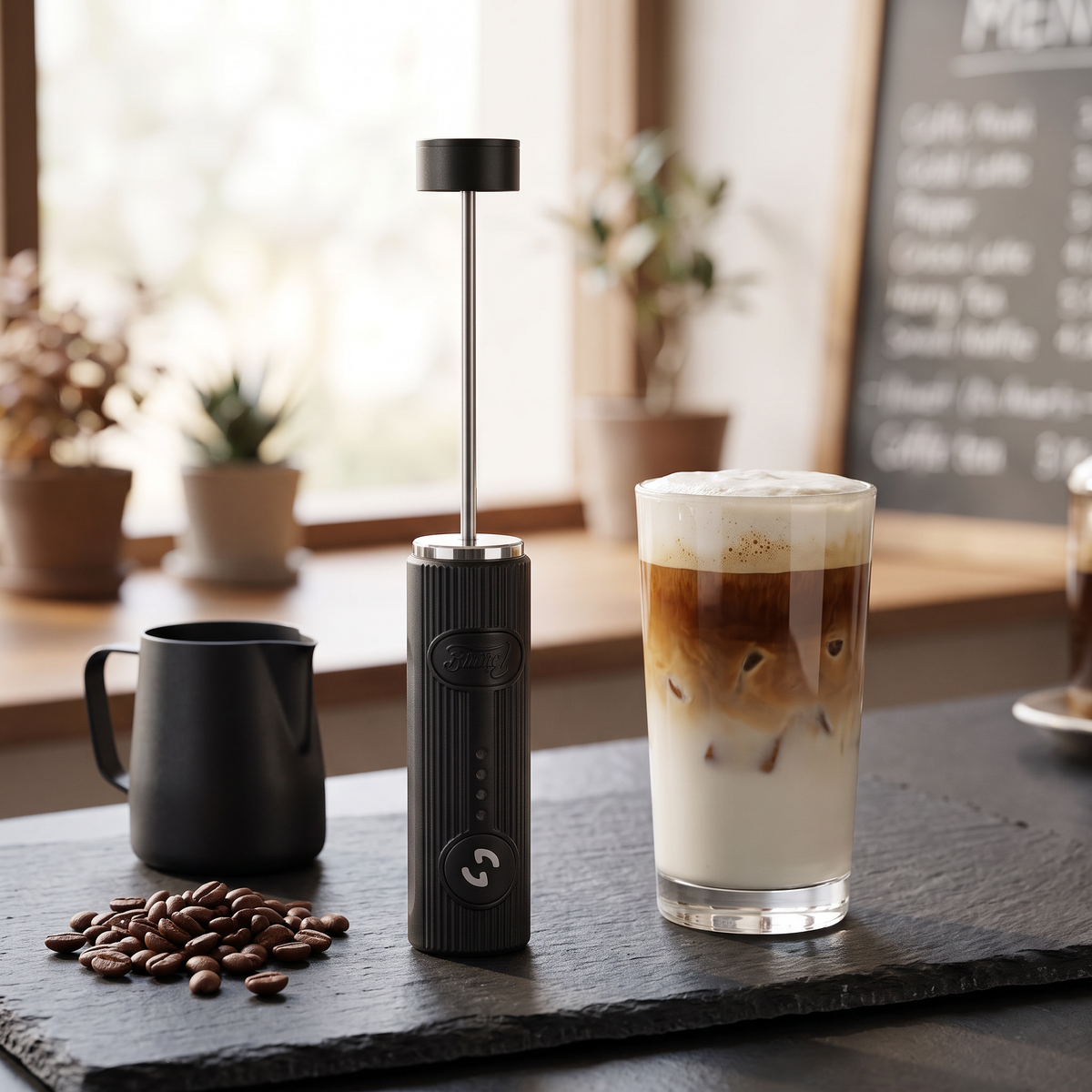 Cordless rechargeable milk frother wand beside an iced latte with cold foam on slate bar