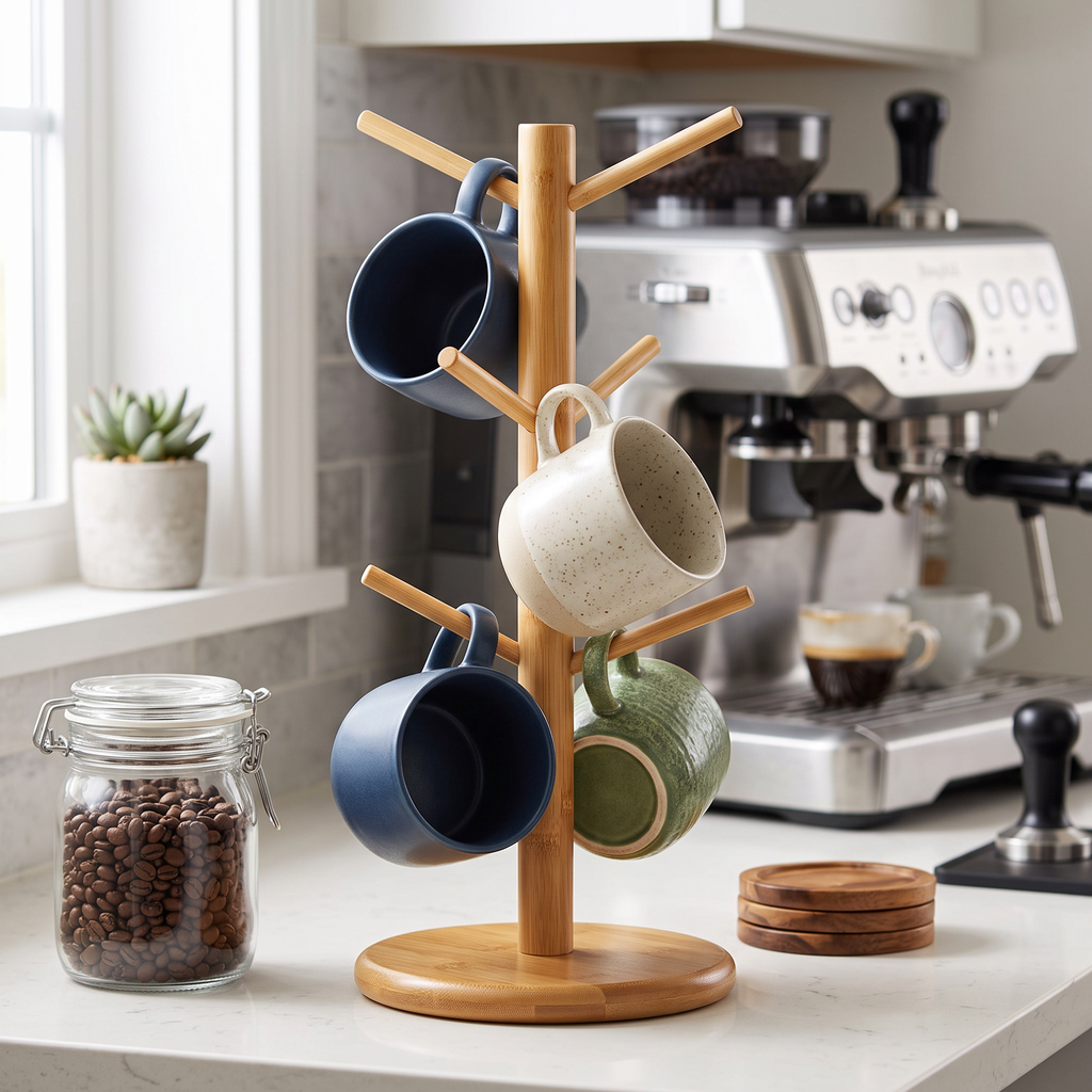 Bamboo mug tree holder with hanging coffee mugs on a home coffee station counter