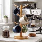 Bamboo mug tree holder with hanging coffee mugs on a home coffee station counter