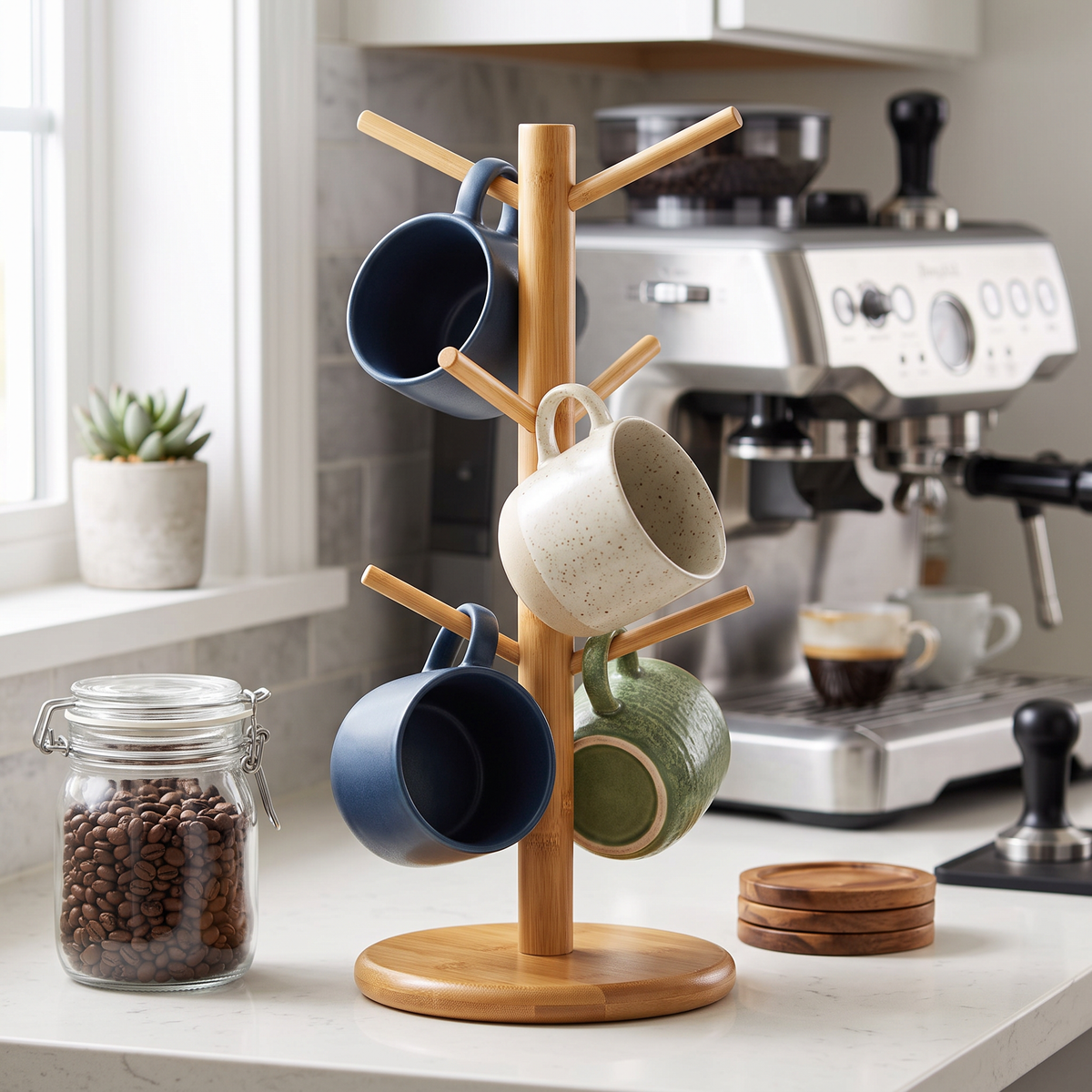 Bamboo mug tree holder with hanging coffee mugs on a home coffee station counter