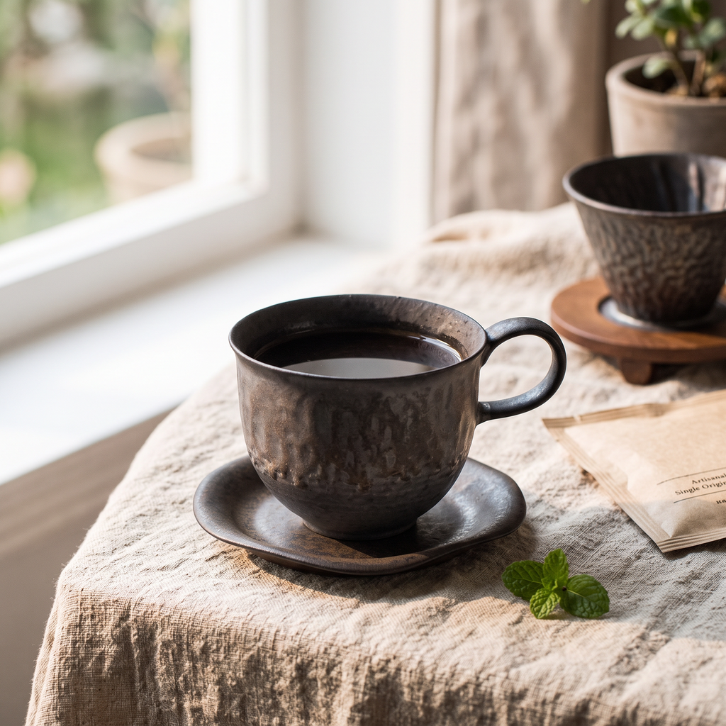 Vintage glazed ceramic coffee cup with matching coaster and Americano on a linen table