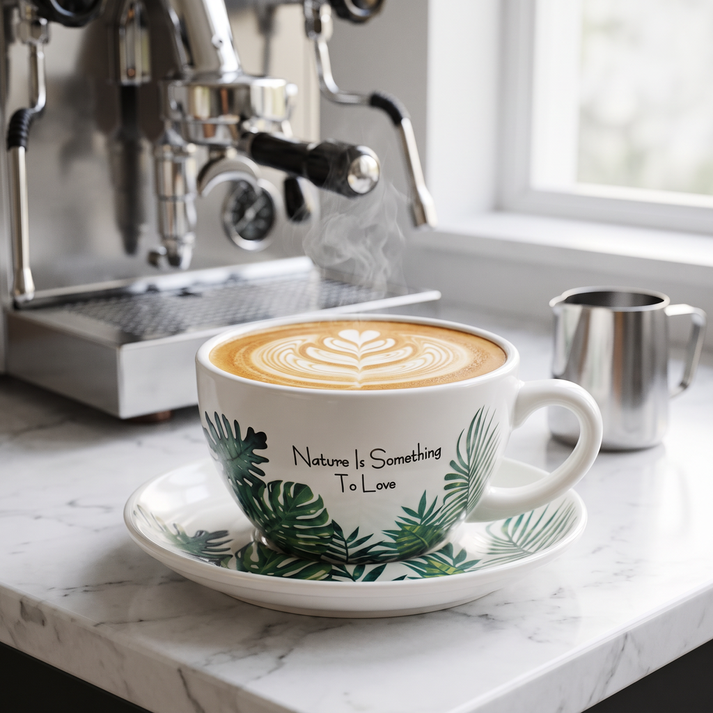 Embossed porcelain wide-mouth latte art cup with rosetta cappuccino on a marble espresso bar