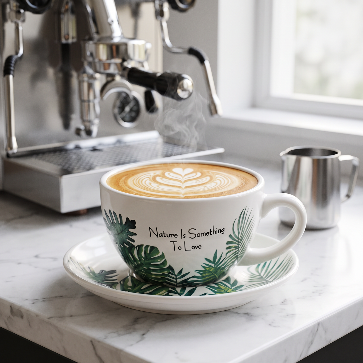 Embossed porcelain wide-mouth latte art cup with rosetta cappuccino on a marble espresso bar
