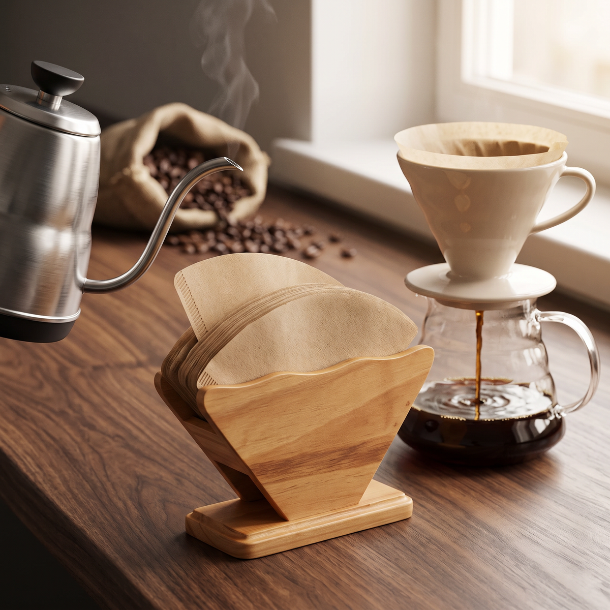Wooden coffee filter paper holder with filters beside a pour-over dripper on a walnut bar