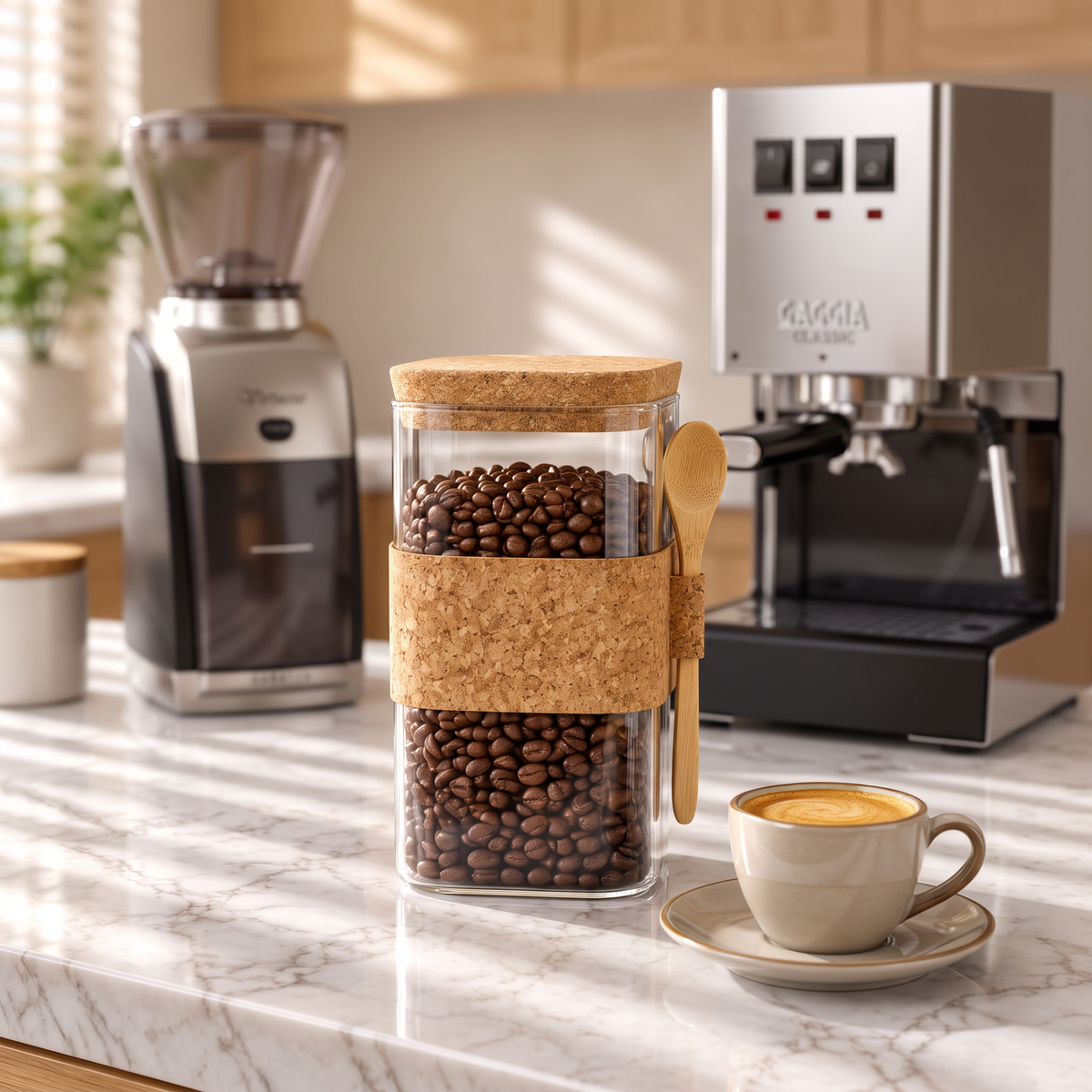 Square glass coffee canister with cork lid and sleeve filled with beans on marble