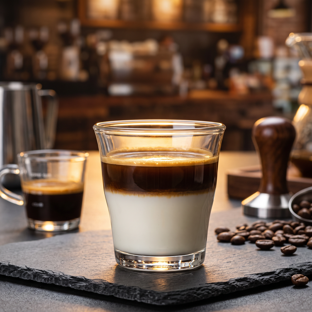 Borosilicate glass cortado cup with layered dirty coffee on a slate coffee bar
