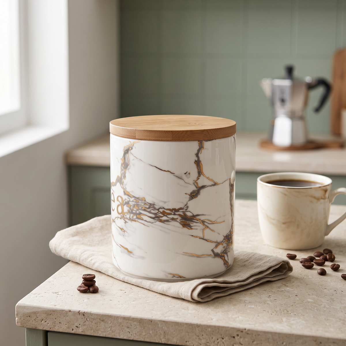 Marble ceramic coffee canister with wooden lid in a Nordic kitchen coffee corner