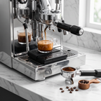 Compact espresso scale on an espresso machine drip tray weighing a fresh shot