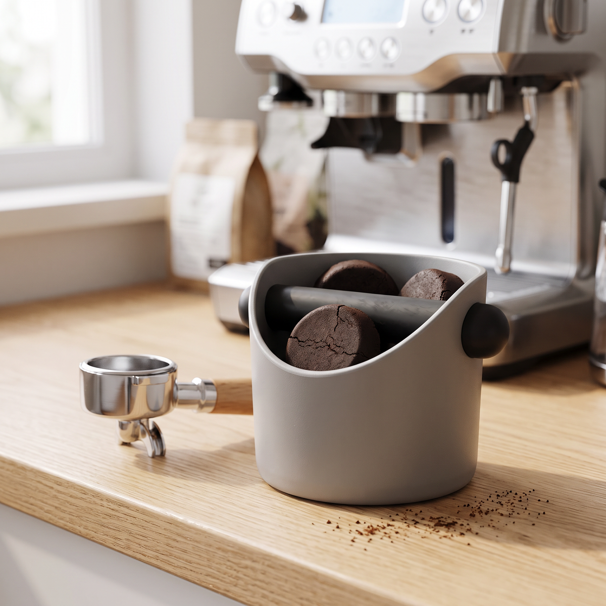 Compact round espresso knock box on an oak coffee bar beside a portafilter