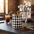Nordic embossed ceramic coffee jar with sealed lid and beans on a slate coffee bar