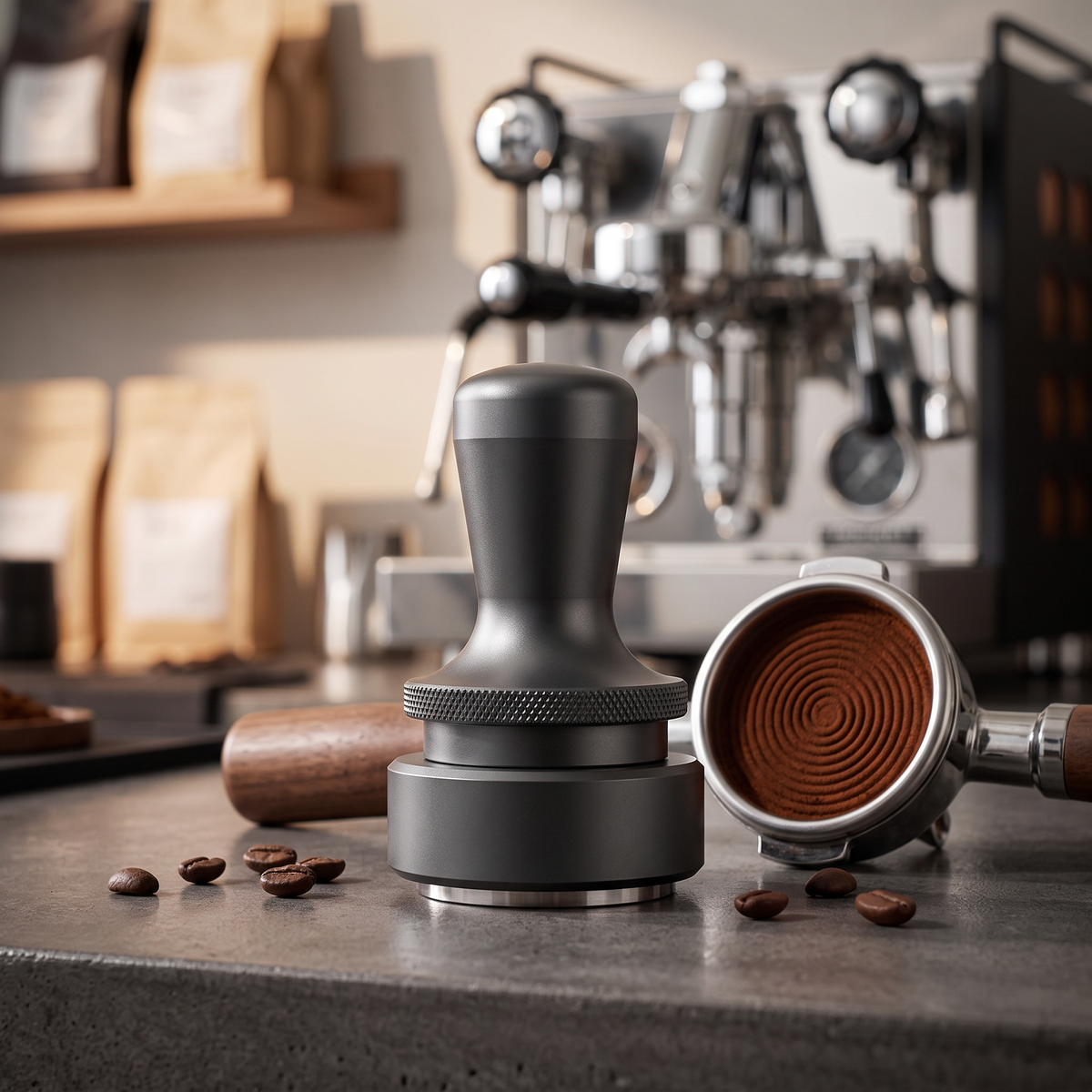 Wood and steel gravity espresso tamper on a concrete espresso bar with portafilter
