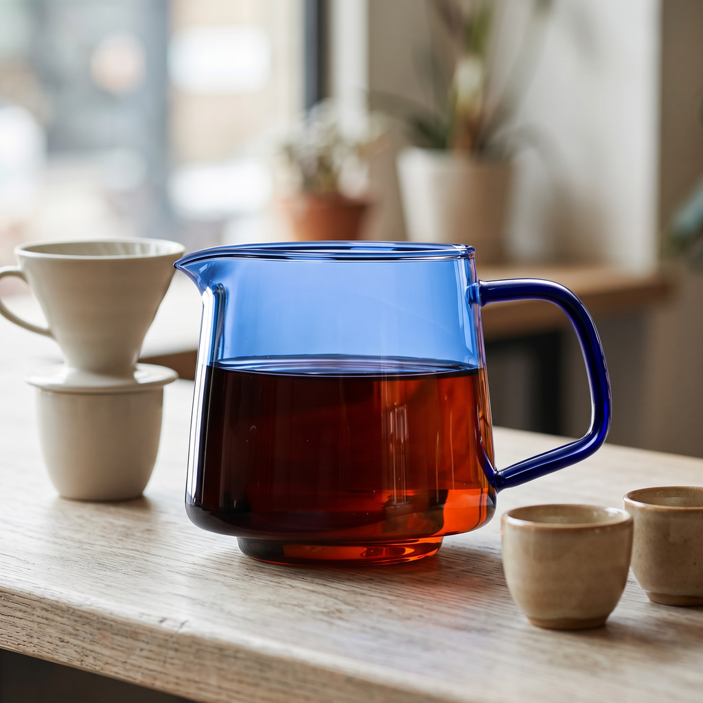 Tinted glass pour-over coffee server with fresh brew on a wooden cafe bar in morning light