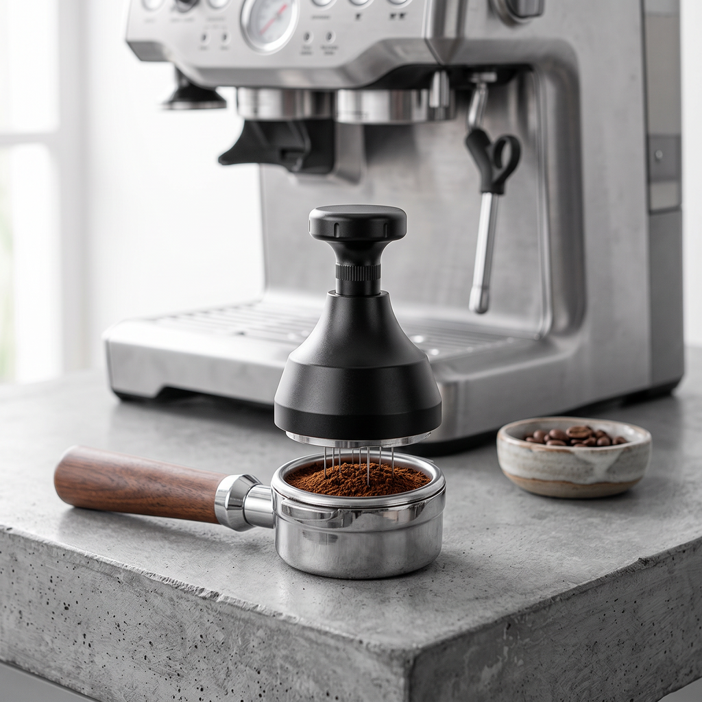 Rotating WDT distributor seated on a dosed portafilter on a concrete espresso bar