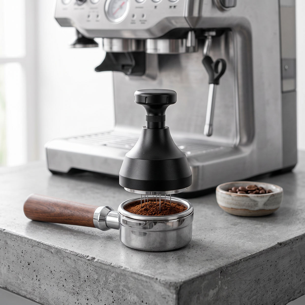 Rotating WDT distributor seated on a dosed portafilter on a concrete espresso bar