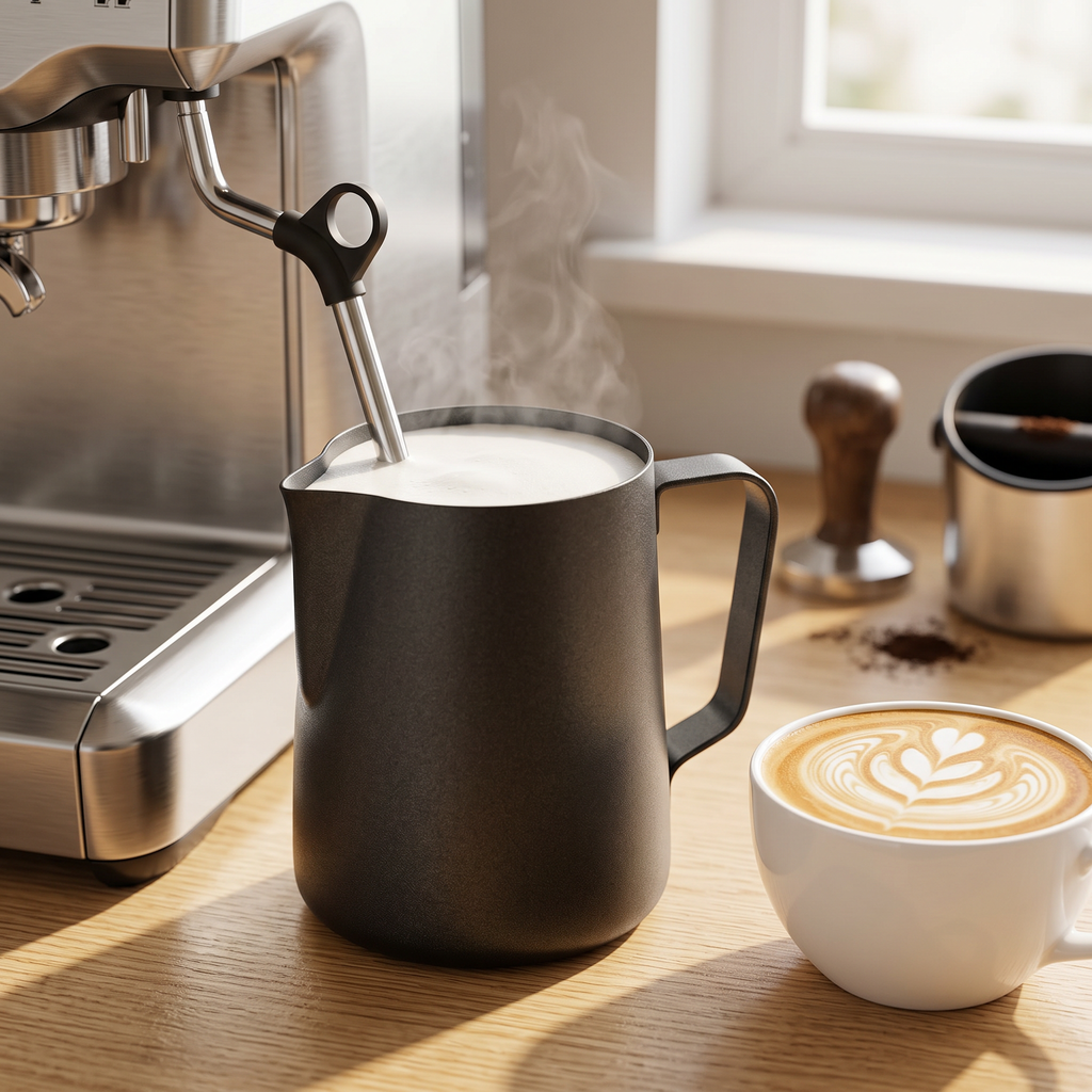 Black non-stick milk frothing pitcher with steamed milk by espresso machine and rosetta latte