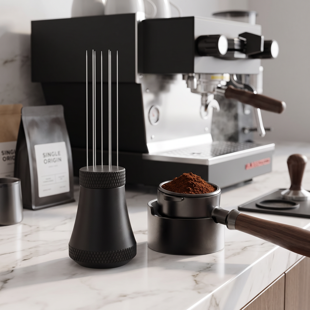 WDT needle distributor tool with stand beside a portafilter on a marble espresso bar