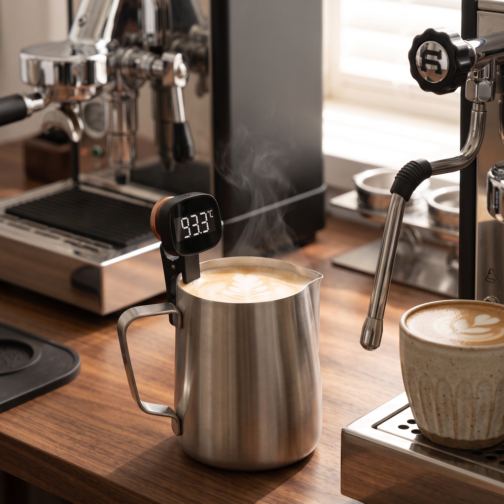 Digital milk frothing thermometer clipped in a steaming milk pitcher on walnut espresso bar