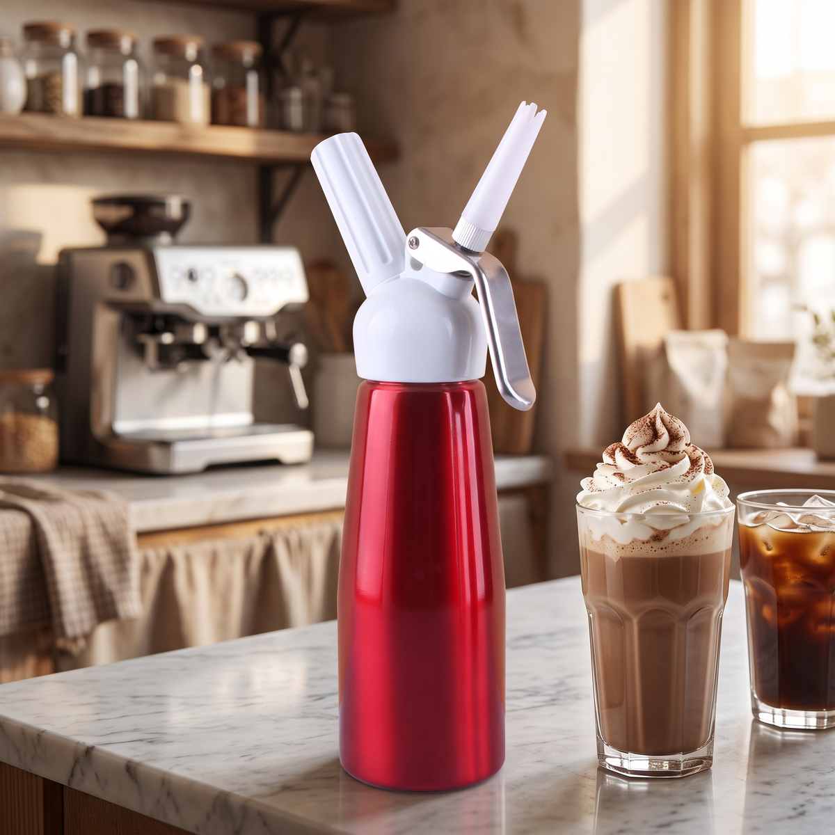 Aluminum whipped cream dispenser beside a mocha topped with whipped cream on marble
