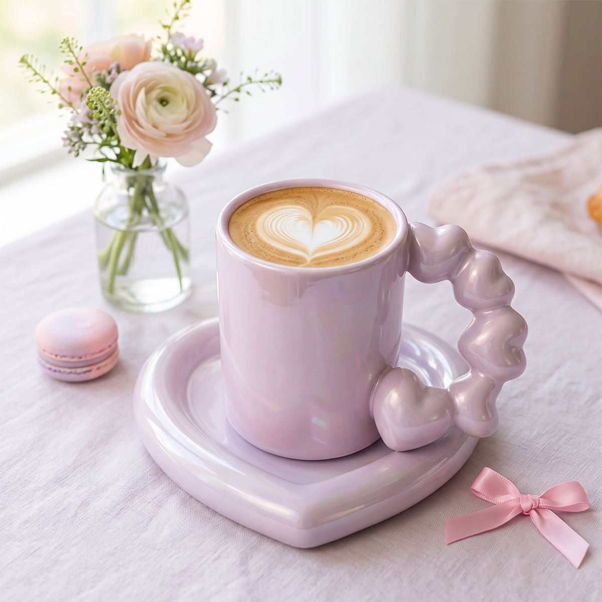 Pearl glaze ceramic coffee mug and saucer with beaded handle and latte on a breakfast table