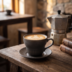 Vintage gilt-rim stoneware coffee cup and saucer with cappuccino in a rustic cafe