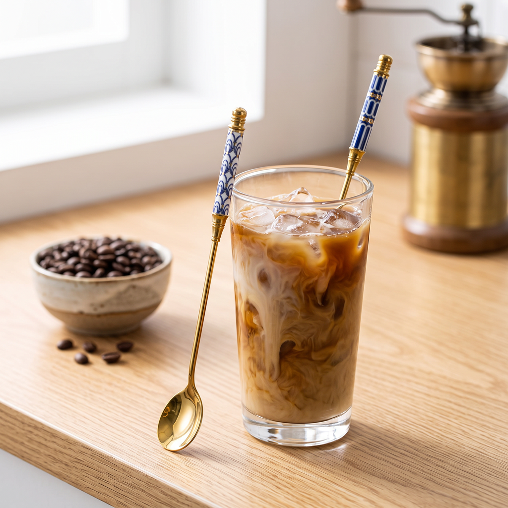 Enamel pattern long handle coffee stirring spoon in a tall iced latte on an oak counter