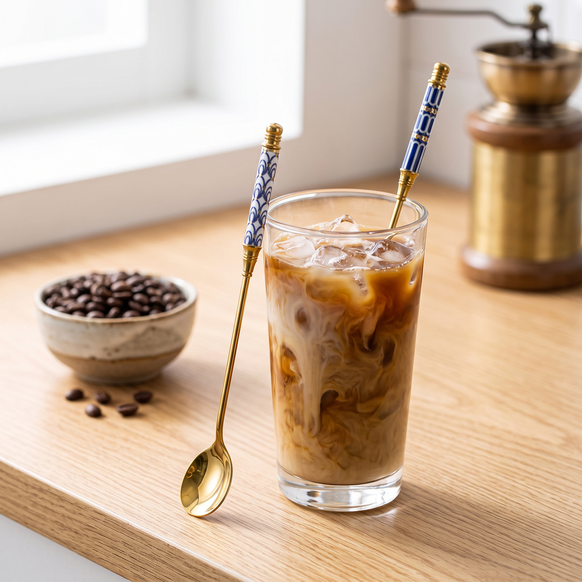 Enamel pattern long handle coffee stirring spoon in a tall iced latte on an oak counter