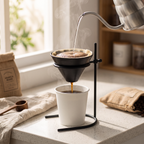 Black ceramic pour over dripper with stand brewing into a mug by a kitchen window