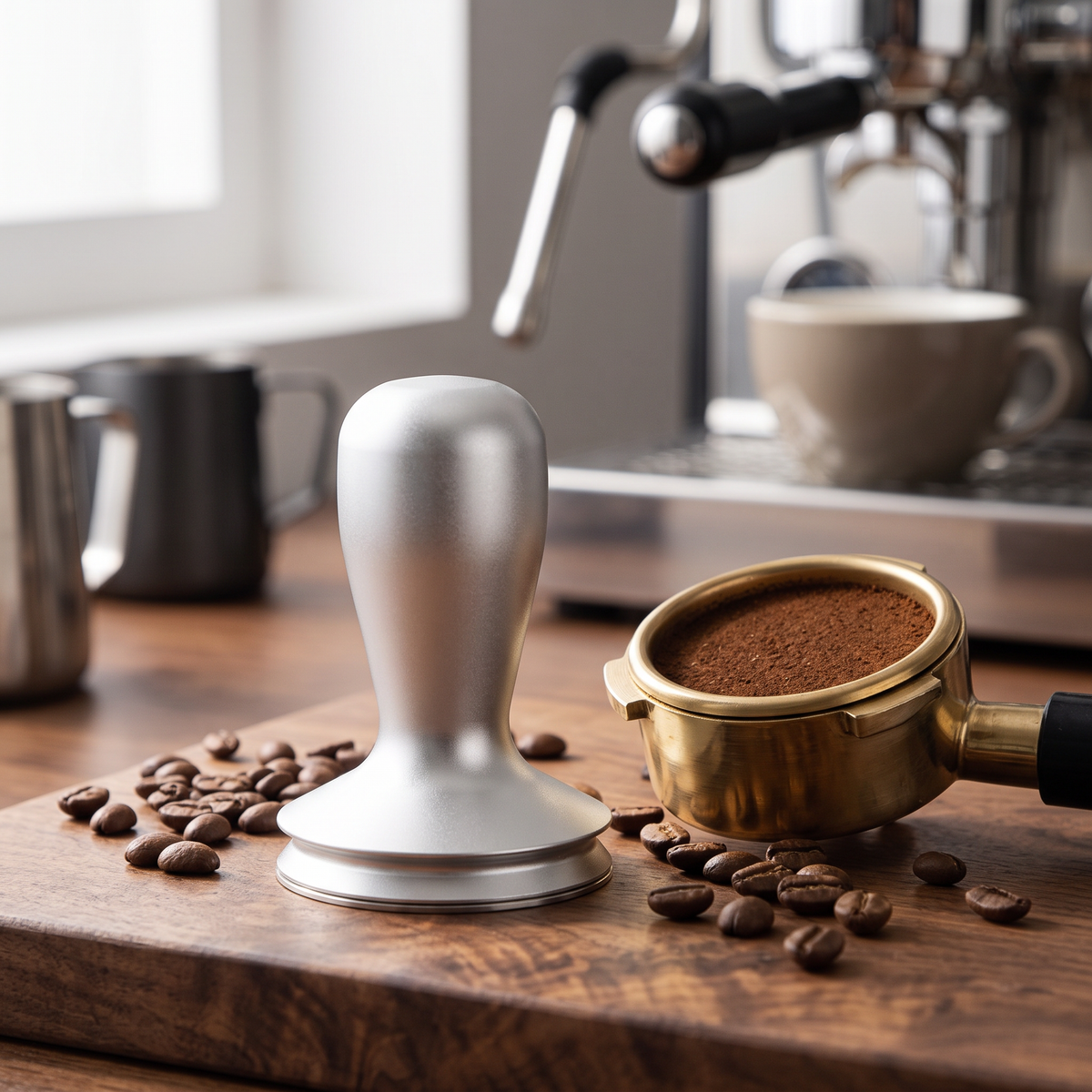 58mm flat base espresso tamper on a walnut espresso bar beside a tamped portafilter
