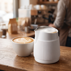 Latte art pitcher with silicone sleeve on a cafe counter beside a rosetta latte