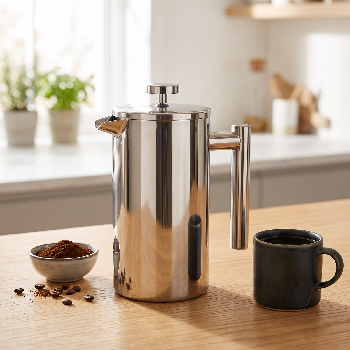 Stainless steel French press coffee maker on a light oak kitchen counter with a mug of fresh coffee