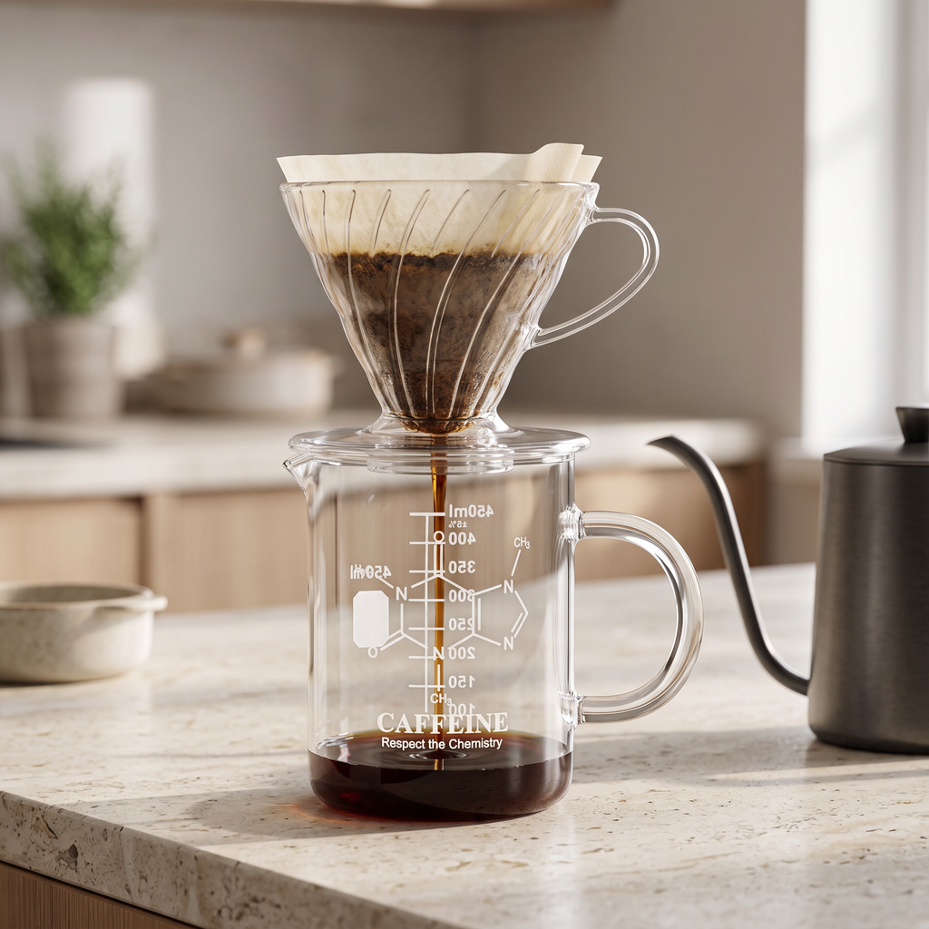 Borosilicate glass coffee server with measurement marks under a pour-over brew on a stone counter